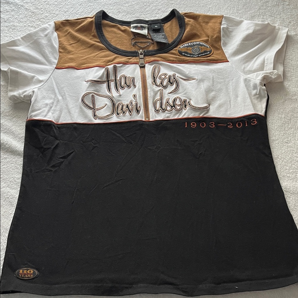 Harley-Davidson Black and White T-Shirt with Brown Accents
